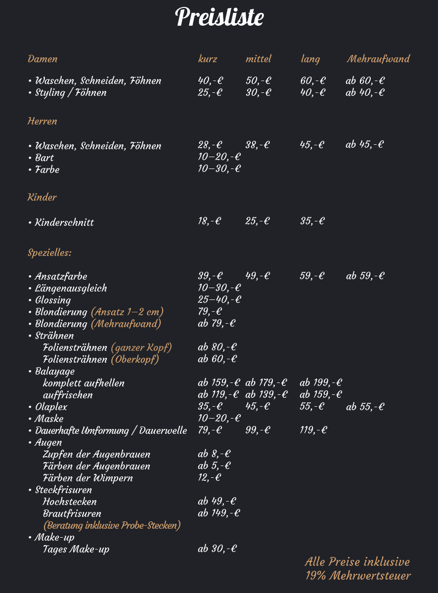 Grafik: Enthält die Preisliste von Fiseur Shampoo.